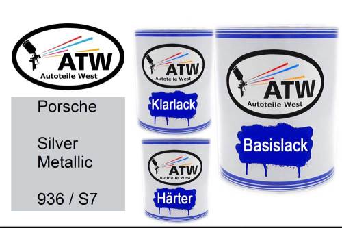 Porsche, Silver Metallic, 936 / S7: 1L Lackdose + 1L Klarlack + 500ml Härter - Set, von ATW Autoteile West.
